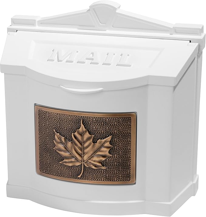Gaines Wallmount Mailbox - Powder Coated Aluminum with Solid Brass Accents - Mounting Hardware Included (White with Antique Bronze Leaf)