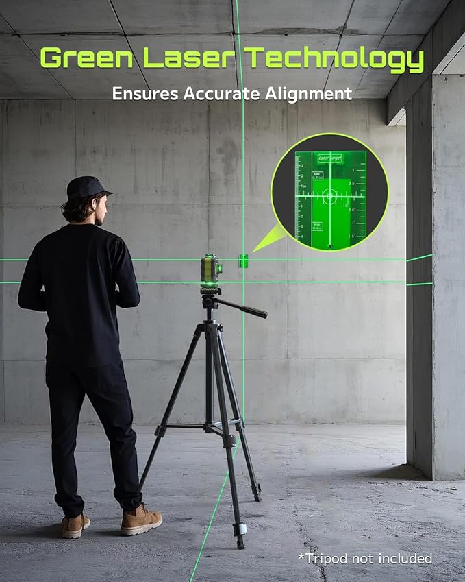 LasGoo 4x360° Self-Leveling Laser Level, 16 Lines Green Cross Line Laser, for Construction Projects and Home Decoration, with 2 Rechargeable Li-Ion Batteries and Magnetic Bracket, LG-4Ds