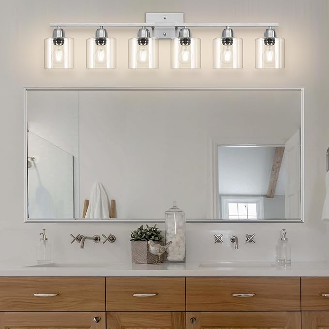 Modern Brushed Nickel 6 Light 38 inch Vanity Lights for Bathroom with Clear Glass, Vanity Light for Mirror Kitchen Living Room Hallway Cabinet Porch