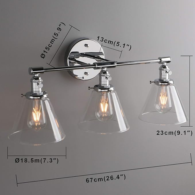 Phansthy 3-Light Wall Sconces Antique Brass Vanity Light, Industrial Wall Lamps with On Off Switch and Clear Glass Lampshade, Vintage Wall Lighting for Bathroom Living Room (Chrome, Cone Shade)