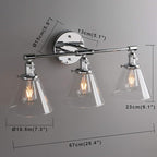 Phansthy 3-Light Wall Sconces Antique Brass Vanity Light, Industrial Wall Lamps with On Off Switch and Clear Glass Lampshade, Vintage Wall Lighting for Bathroom Living Room (Chrome, Cone Shade)