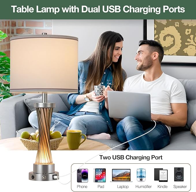 3-Way Dimmable Table Lamp Set of 2,Touch Control Lamp with Night Light,Modern Crystal Table Lamps for Bedroom,Living Room，Bedside Lamps with USB A+C Ports，Fabric Lampshade(Blubs Included)