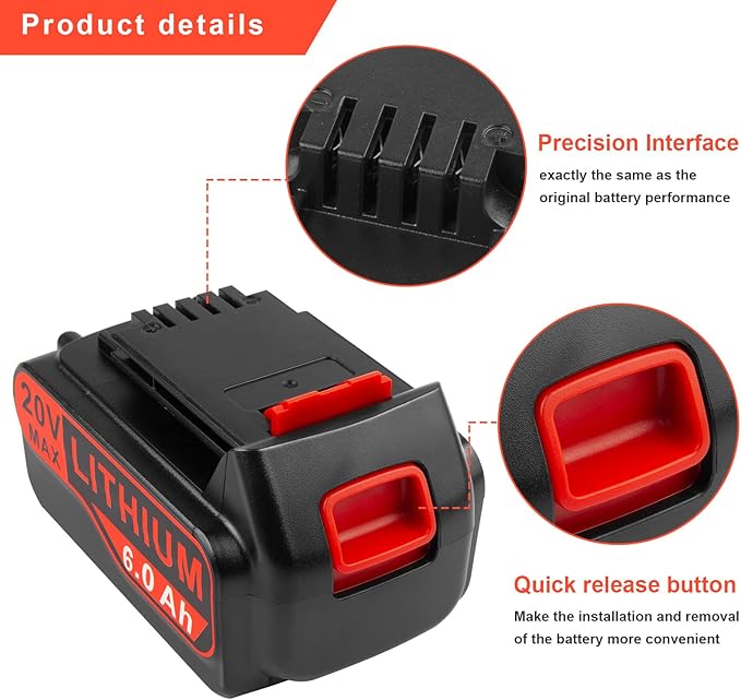 ARyee LB2X4020 6.0Ah 20V Lithium Battery for Black and Decker 20Volt Max LBXR20 LB20 LBX20 LBXR2020 LBX4020 LB2X4020-OPE LBXR20-OPE LBX4020 LST220 Cordless Power Drill Tools (2pcs 20V 6Ah Battery)