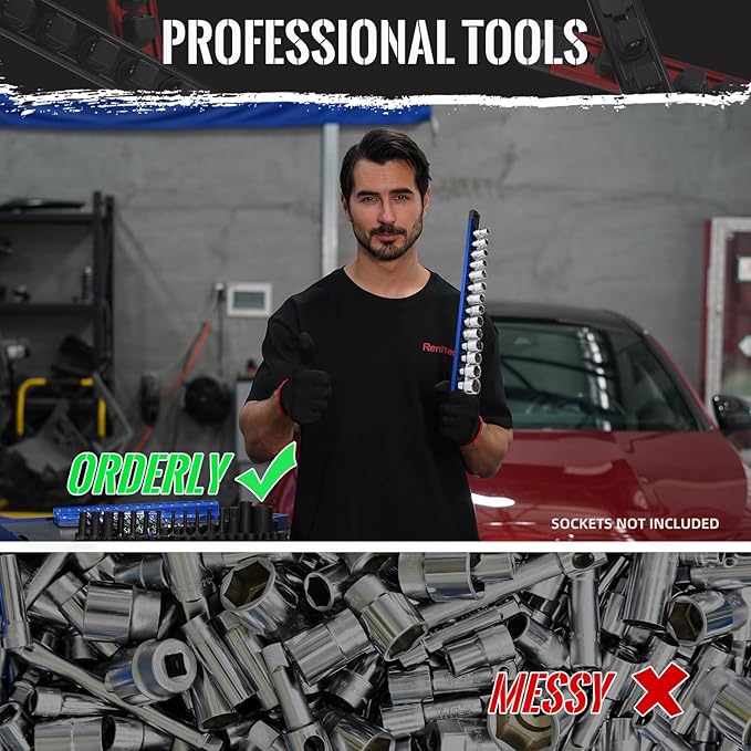 Magnetic Socket Organizer, 3-Piece Heavty Duty Aluminum Socket Holder, Socket Rail for Tool Box, Premium Quality 360° Swivel Socket Rack with 36 Clips for 1/2-Inch(Blue)