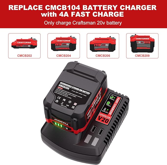 TURPOW 7.0Ah Upgraded Designed for Craftsman 20V Battery V20 Lithium Ion Battery for CMCB205 CMCB204 CMCB206 CMCB202 CMCB201 20V Cordless Power Tools, Long Lasting & Fast Charging Working All Day