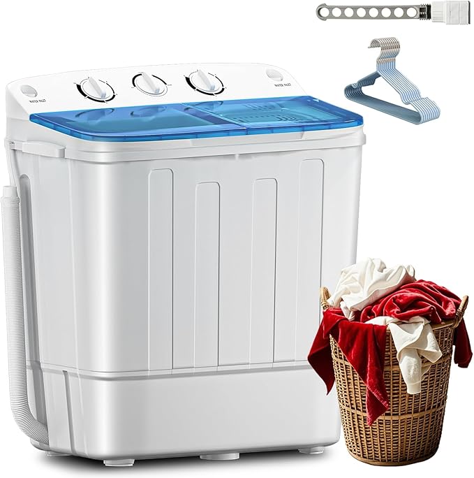Portable Twin Tub 18lbs Washing Machine with Drying Rack, 11lbs Washer Mini Compact Laundry Machine with 7lbs Spinner, Semi-automatic Washer Combo for Dorms, Apartments