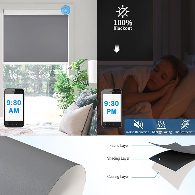 Motorized Blinds with Remote Cordless Automatic Motorized Shades Custom Blinds for Windows Smart Curtains Compatible with Alexa Google Home(Blackout Thunder Grey,W34 x H72in)