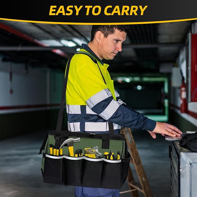 Tool Bag, Portable Tool Box Organizer Adjustable Shoulder Strap, Carry Tool Tote Heavy Duty Tool Storage Bag With Wide Mouth,Tool Bags for Men Mechanic EngineerGift - M, Army Green & Black