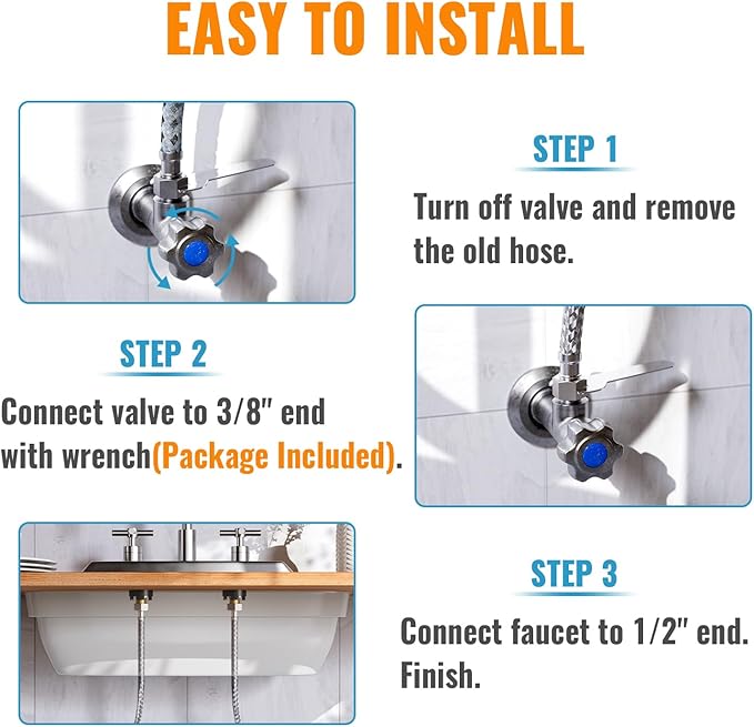 (2 Pack) SUNGATOR 60 Inch Faucet Supply Lines, 3/8" Female Comp Thread x 1/2" FIP Thread Sink Hose, 60" Stainless Steel Braided Faucet Supply Line for Bathroom, with 2 Wrenches and 1 Sealing Tape