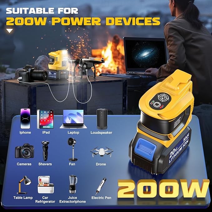 Power Inverter 200W Portable Power Station Generator Compatible with DeWALT, Ecarke Real 200W Supply Charger Adapter with Dual USB,AC Outlet and Type-C with 5Ah Battery & Charger Station Kit
