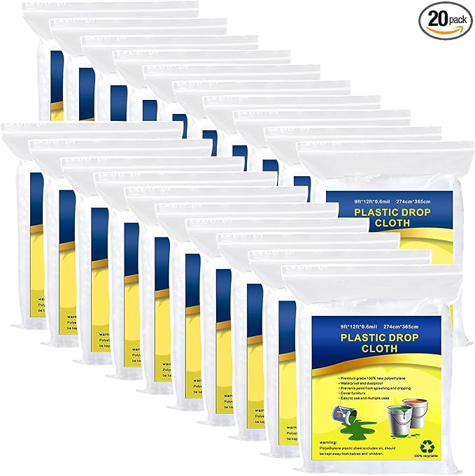 20 Pieces Plastic Drop Cloth, Multiple Waterproof Cloth Sheets for Painting, Dust-Proof and Rustproof, 9x12 Feet Tarp, Furniture Cover