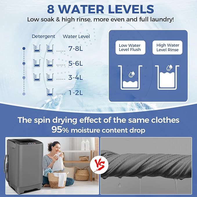 Nictemaw Portable Washing Machine 20Lbs Portable Washer Machine with Drain Pump, 2.8 Cu.ft Compact Washing Machine with 10 Programs 8 Water Levels Laundry Machine for Apartment, Home, Dorms, Rv