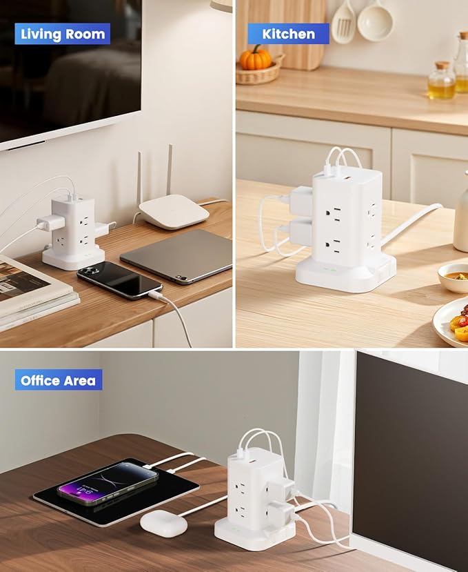 11-in-1 Power Strip Tower with Surge Protector 1800J, Fast Charging Tower PD20W USB-C Ports with 8 AC Outlets, 6ft Extension Cord for Home Office Dorm Room, White