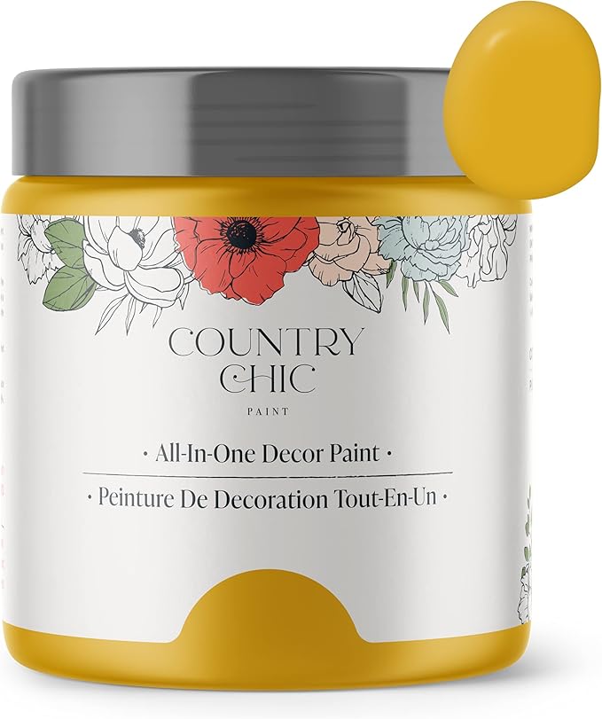 Country Chic All-in-One Chalk Paint for Furniture, Cabinets, Home Decor, Eco-Friendly, Matte Finish, Built-In Primer & Top Coat for Wood, Metal - Fresh Mustard (Mustard Yellow) - Pint 16 oz (475 ml)