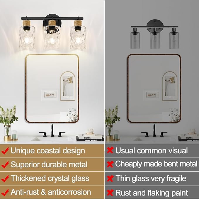 2025 Upgrade Bathroom Light Fixtures, 3-Light Coastal Vanity Lights with Crystal Glass Shade, Black Bathroom Wall Lamp for Mirror Kitchen Hallway Cabinet