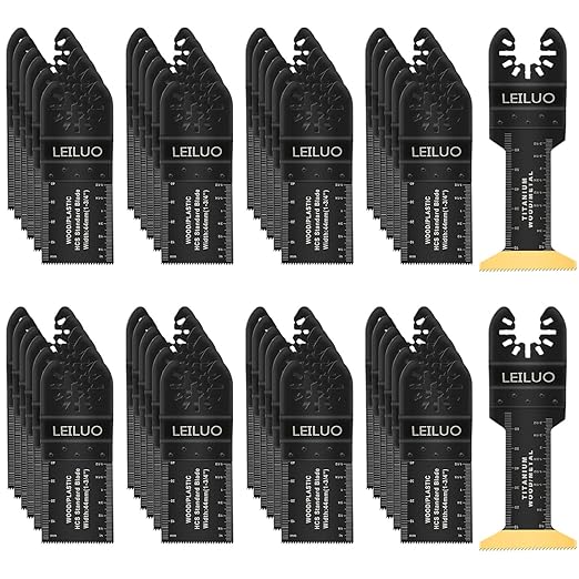 LEILUO 50 Pcs Oscillating Tool Blades Set Extra Long Titanium Multitool Saw Blades with Storage Bag Universal Fit Cutting Accessories for Wood Nails Drywall PVC Trim Home Renovation