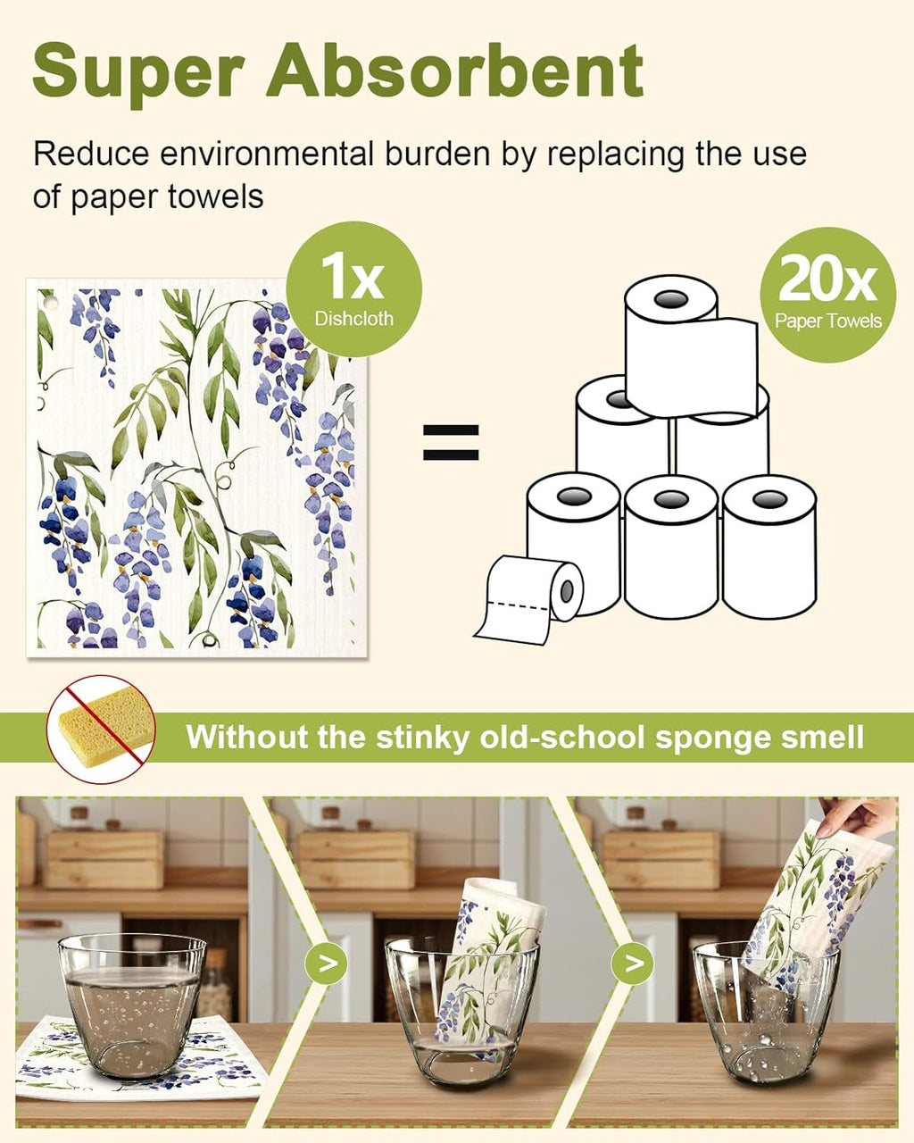 6 Pack Swedish Dishcloths for Kitchen - Reusable Dish Cloths for Washing Dishes Absorbent Cute Funny Kitchen Towels Cleaning Sponge, Lavender Flower