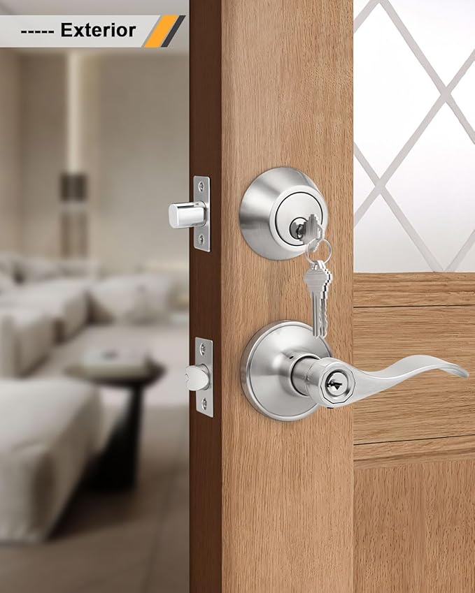 Gobrico Wave Entry Door Levers and Single Cylinder Deadbolt Combination Lockset Brushed Nickel Finished Keyed Alike Entrance Door Locks Front Door Leversets 3Pack