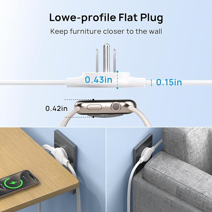 TROND Split Extension Cord Power Strip, Twin 6ft on Each Side, Low-Profile Flat Plug, Dual 3 Grounded Outlet Extender Cubes, 13 Amps, 16 Gauge Wire, for Behind TV Stand Sofa Headboard, Indoor, White