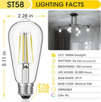Dimmable Vintage LED Edison Bulb 60W Equivalent, 6W 750Lumens Edison Light Bulbs 5000K Daylight White, ST58 Antique LED Filament Bulb CRI 90+, E26 Medium Base, Clear Glass, Pack of 24
