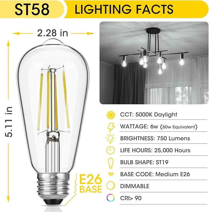 LED Edison Bulbs 6W, Equivalent 60W, High Brightness Daylight White 5000K, 750 Lumens, ST58 Vintage LED Filament Bulbs with 90+ CRI, E26 Base, Dimmable, Clear Glass, Pack of 8