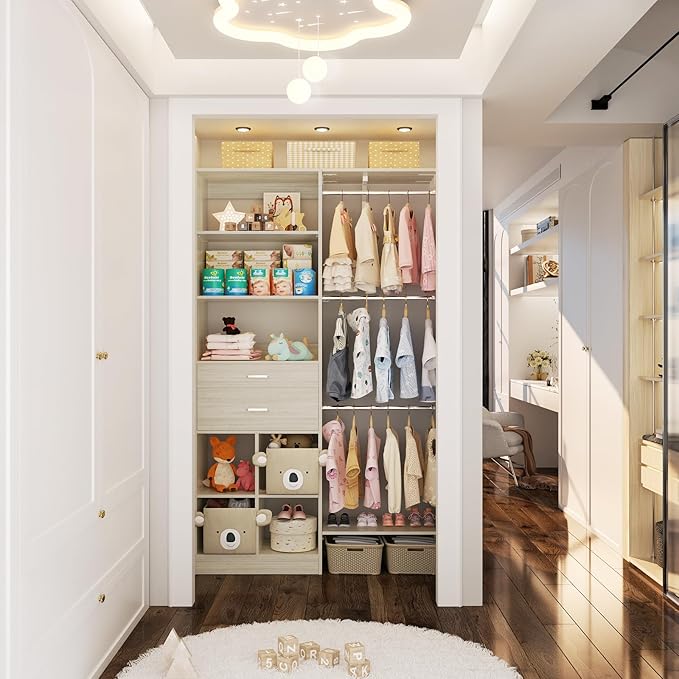 5FT Small Closet System, Baby Closet Organizer System with Wooden Drawers, 60 Inches Walk in Closet System with 5 Hanging Rods and 3 Reversible Hanging Shelving, Greige Oak