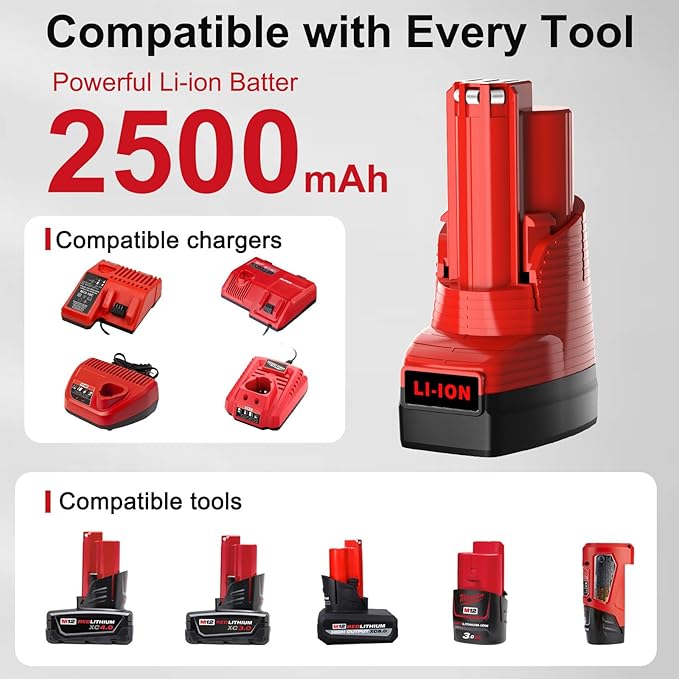 Mrupoo 12V 2500mAh Replacement Battery Compatible with Milwaukee 2500mAh Power Tools Red
