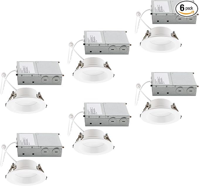Builder Essential 5in 1,050 Lumens Round LED Recessed Light and Housing for Remodel or New Construction Regressed Trim 3-Power Modes 8W-10W-12W, 5-CCT 2700-3000-3500-4000-5000K in White (Pack of 6)