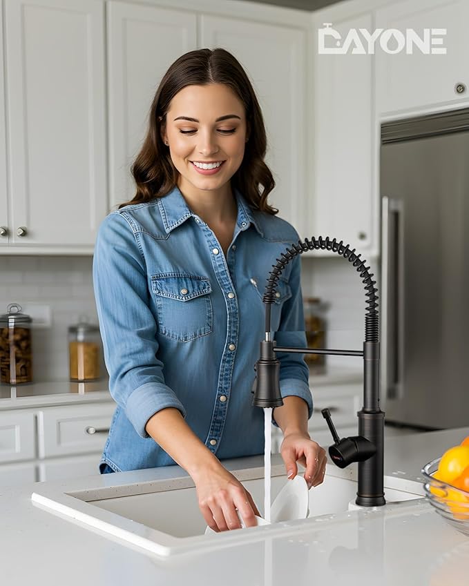 DAYONE Antique Oil Rubbed Bronze Kitchen Sink Faucet with Pull Down Sprayer, 3 Modes Stainless Steel Spring Vintage Sink Faucet for Farmhouse Kitchen Bar Camper 1 or 3 Holes Single Handle