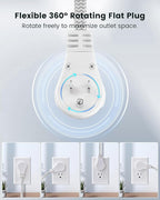 SURAIELEC 10FT 360° Rotating Flat Plug Extension Cord Flat Wall Plug with 3 Outlets, Braided Flat White Extension Cord for Indoor Use, Home, Office, 16/3C SPT, ETL Listed