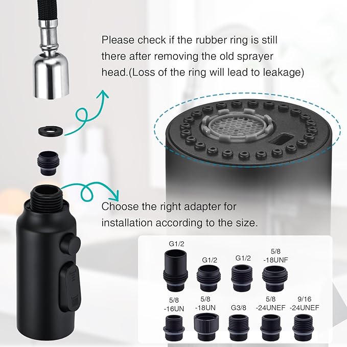 Stainless Steel Kitchen Faucet Head Replacement, Matte Black 3-Function Pull Down Spray Head for Pull-out Kitchen Faucet, High Pressure Sink Spray Nozzle with 9 Adapters Compatible with Most Faucets