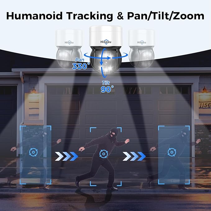 [4K HD + 330°Pan 90°Tilt] Hiseeu 4K PoE Security Camera System, CCTV Camera Security System w/4Pcs PoE PTZ Dome Cameras, Human/Vehicle Detect,2-Way Audio,Home Surveillance NVR Kit, 3TB HDD,7/24 Record