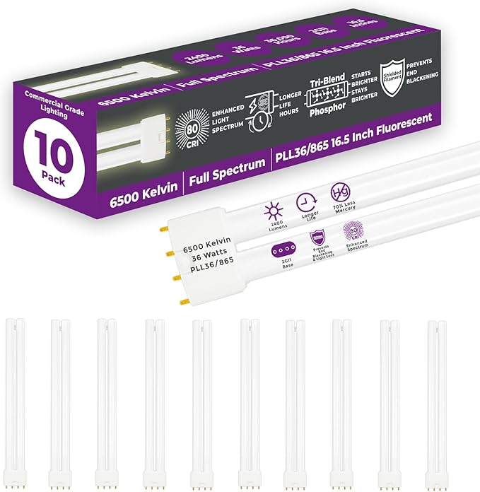 GoodBulb PLL36/865 36W 16.5" Twin Tube Compact Fluorescent Light Bulb 4-pin 2G11 Base 6500K Full Spectrum 2400 Lumen 36000 Hour Long Life Biax Pack of 10