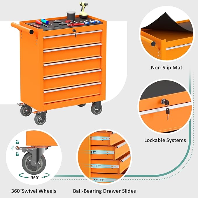5-Drawer Rolling Tool Chest Toolbox, Rolling Tool Box with Wheels, Tool Chest with Keyed Locking System and Drawer Liners, Tool Box Organizer for Garage, Warehouse, Workshop(Orange)