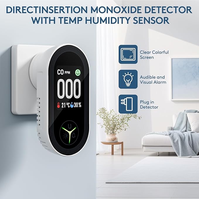 2 Packs, 3 in 1 CO Detectors, CO &Temp &Hum, Plug in Wall, with HD Screen,3 Color Indicator Visual, 4 Color Alert lcons,Brightness Adjustment,Carbon Monoxide Detectors,for Travel,CO Alarm