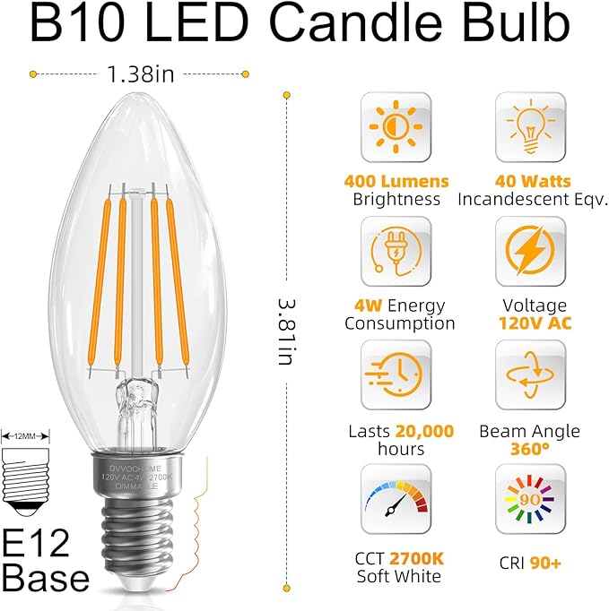 LED Candelabra Light Bulbs 40 watt Equivalent, Dimmable E12 LED Bulb, 2700K Soft White B10 Candle Bulb, Chandelier Light Bulbs, 90+CRI, 400LM, Cear Glass, 6 Pack