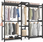 Homykic Bamboo Closet System Clothes Rack, Large Freestanding Garment Rack Clothing Rack for Hanging Clothes with 7 Storage Shelves and 5 Rods, Open Wardrobe Organizer with 4 Hooks, Black