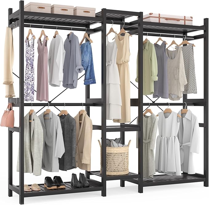 Homykic Bamboo Closet System Clothes Rack, Large Freestanding Garment Rack Clothing Rack for Hanging Clothes with 7 Storage Shelves and 5 Rods, Open Wardrobe Organizer with 4 Hooks, Black