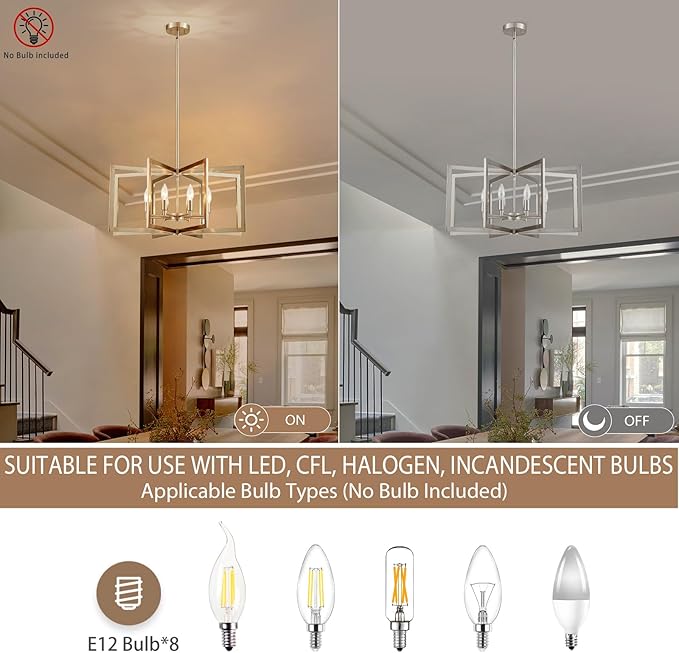 Brushed Nickel Chandelier 8-Light, 26" Large Dining Room Light Fixture Geometric Metal Modern Pendant Hanging Ceiling Lamp for Kitchen Island Living Room Entryway