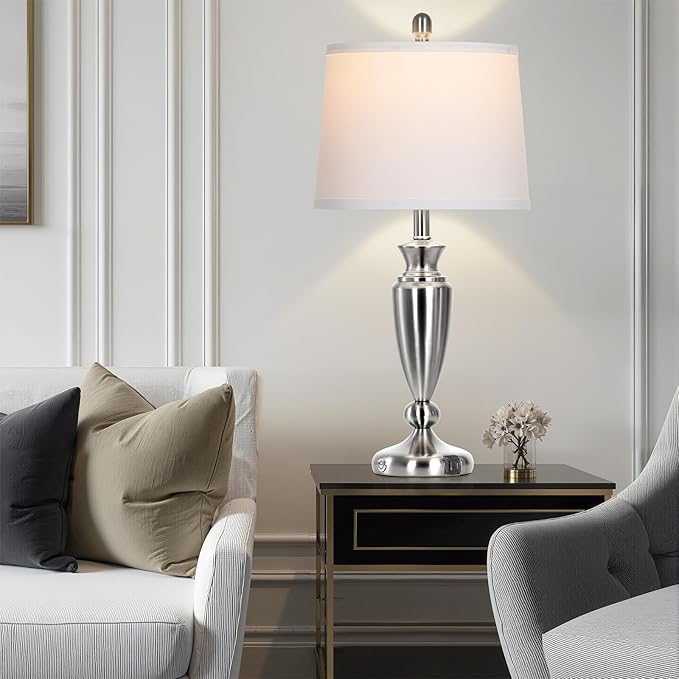 27" Silver Table Lamps for Living Room Single, 3 Way Touch Control Bedside Lamps with USB A+C Ports, Modern Brushed Nickel Bedroom Lamp, Metal Tall Lamp for Nightstand Desk Side Table Office