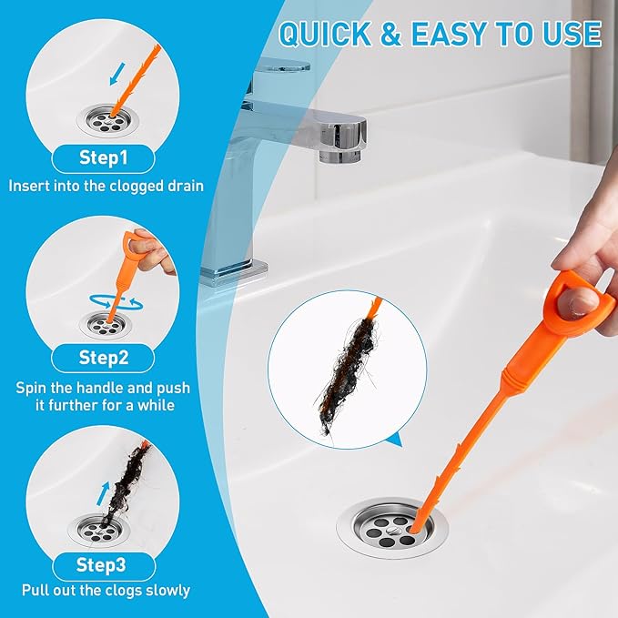 Drain Snake 12 Set: 25inch Snake Drain Hair Removal Tool(1PCS), 59inch Cleaning Brush(2PCs), 25inch Drain Clog Remover(6PCS), 18inch Sink Drain Brush(3PCS) For Bath Tub, Toilet, Kitchen Sink, Sewer