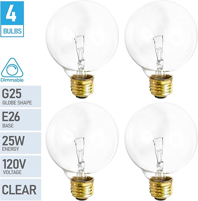 (4 Pack) G25 Globe Light Bulbs – 25W Incandescent, 2700K Soft White, E26 Base, Dimmable – Crystal Clear Vanity Bulbs for Bathroom, Mirror, Pendant Fixtures