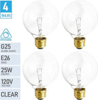 (4 Pack) G25 Globe Light Bulbs – 25W Incandescent, 2700K Soft White, E26 Base, Dimmable – Crystal Clear Vanity Bulbs for Bathroom, Mirror, Pendant Fixtures