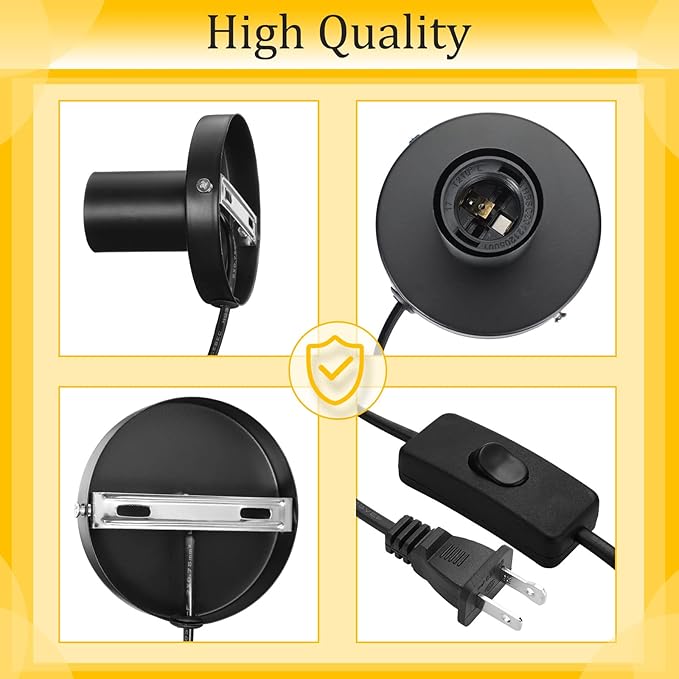 Tuanse 2 Pcs Polished Metal Desktop Lamp Base E26 E27 Screw Light Bulb Holder Sockets Night Light Base Lamp Replacement for Holding Bulb 6 Feet Cord on Off Switch Plug(Black)