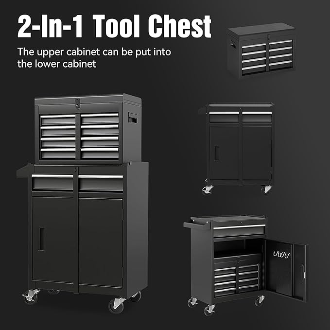 Tool Chest, 5-Drawer Rolling Tool Storage Cabinet with Detachable Top Tool Box, Liner, Universal Lockable Wheels, Adjustable Shelf, Locking Mechanism, Metal Tool Cart for Garage Workshop