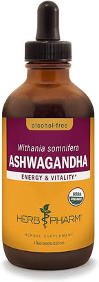 Herb Pharm Certified Organic Ashwagandha Extract Drops for Traditional Support for Energy and Vitality, Alcohol-Free Glycerite, 4 Oz