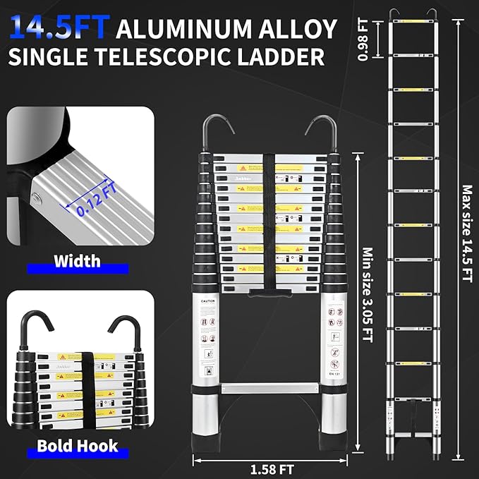 JADDUO 14.5 FT Telescopic Ladder, Aluminium Silver Telescoping Ladder with Non-Slip Feet and Stable Hook, Portable Extension Ladder for Household and Outdoor Working, Heavy Duty 330 lbs Max Capacity