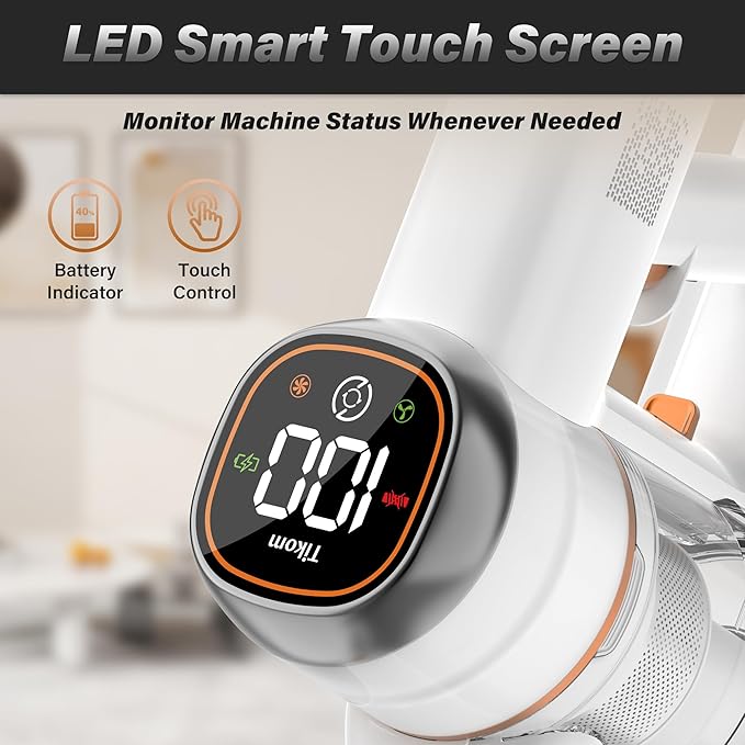 Tikom V500 Cordless Vacuum Cleaner for Home, 40000Pa/450W Stick Vacuum with LED Touch Screen, Charging Wall Dock, Anti-Tangle, Lightweight Handheld Vacuum for Pet Hair, Hard Floor, Carpet