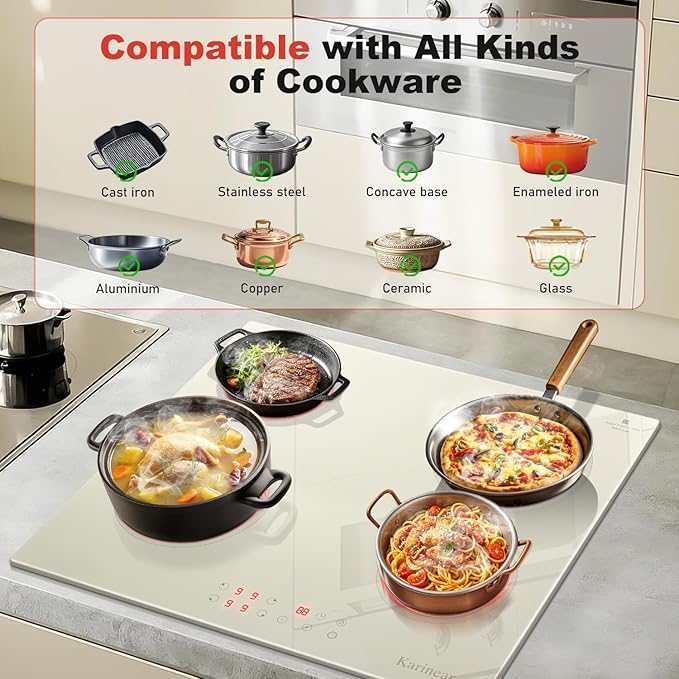 Karinear Electric Cooktop 24 Inch, Beige-gray Glass Electri Cermaic Stove, 4 Burners Electric Stove Top with Timer, Child Safety Lock, High Temperature Alert, 6000W, Drop-in 240V Hardwire(No plug)