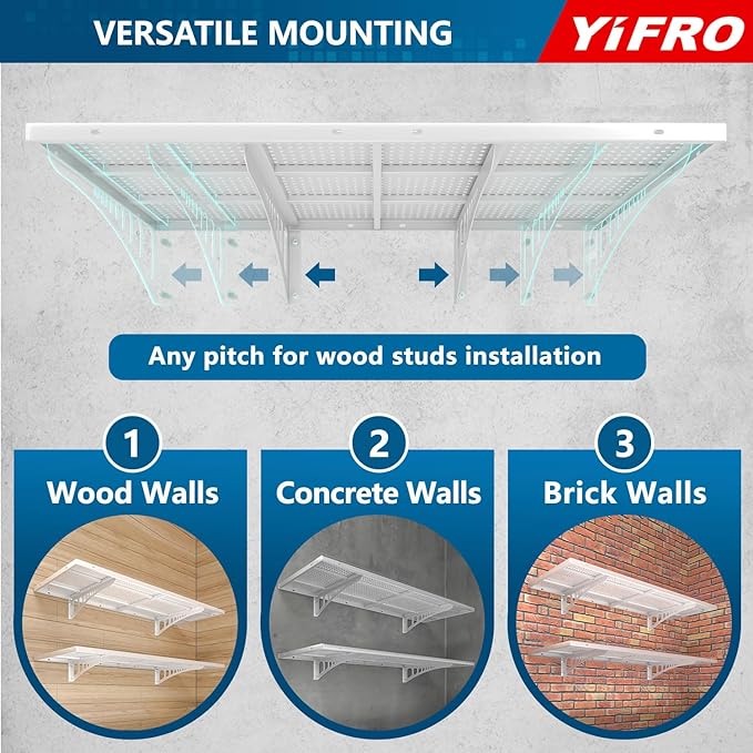 4-Pack 1.5x4ft Heavy Duty Garage Wall Shelving, 1000 lbs Load Capacity, Garage Shelving Wall Mounted, Storage Rack with Hooks, White